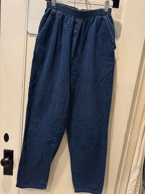 Chic Vintage 100% Cotton Elastic Navy Blue Denim Pants with Branded Tab